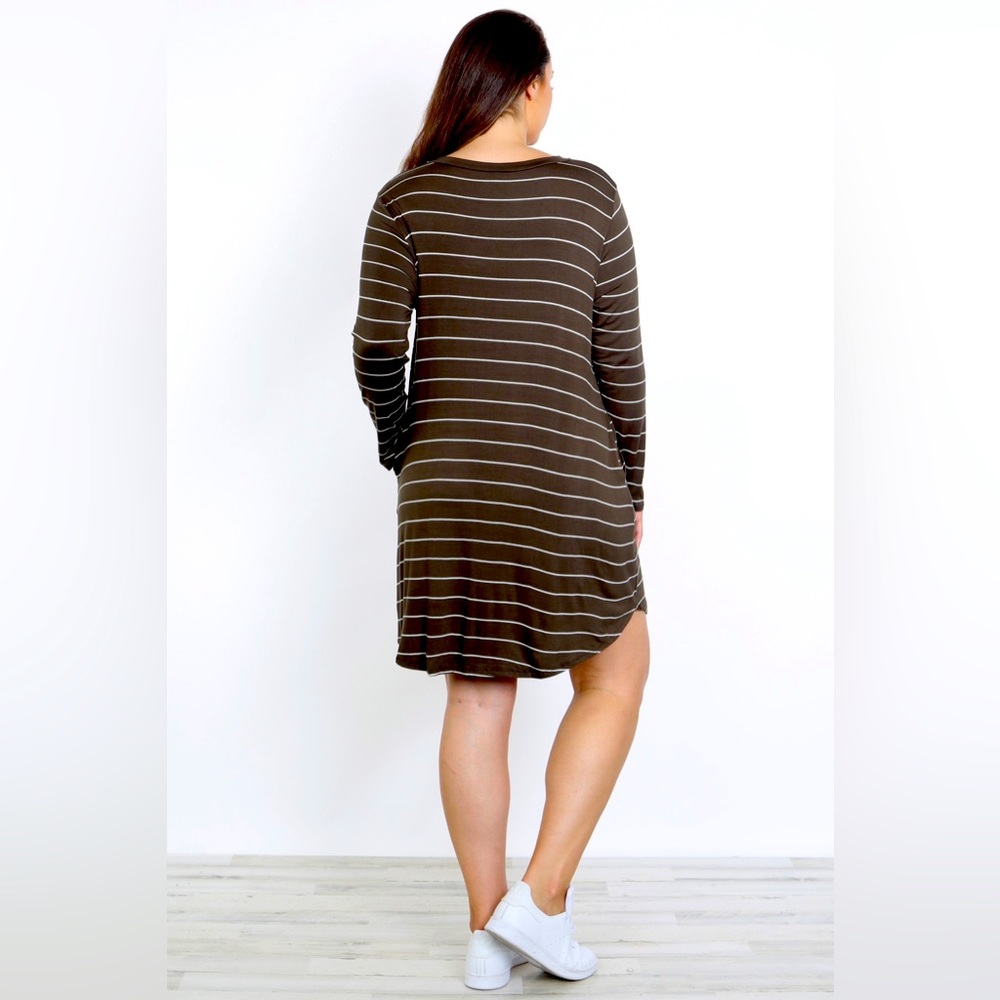 Brand New Olive Ivory Stripes V-Neckline With Pocket Long Sleeve Shirt Dress👗 - Picture 3 of 5